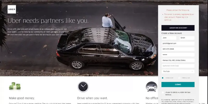 Drive with Uber signup page including Uber driver sign up bonus code