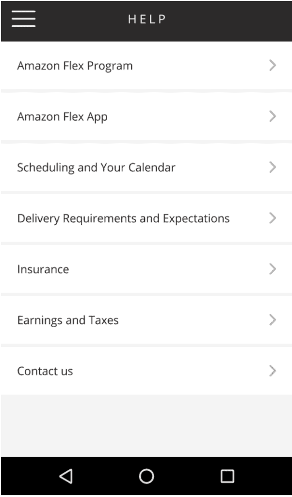 Screenshot of Amazon Flex help section of the Amazon Flex app