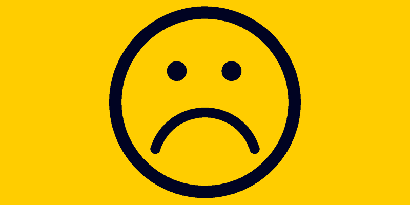 yellow background with blue sad face in foreground. Amazon package not received illustration