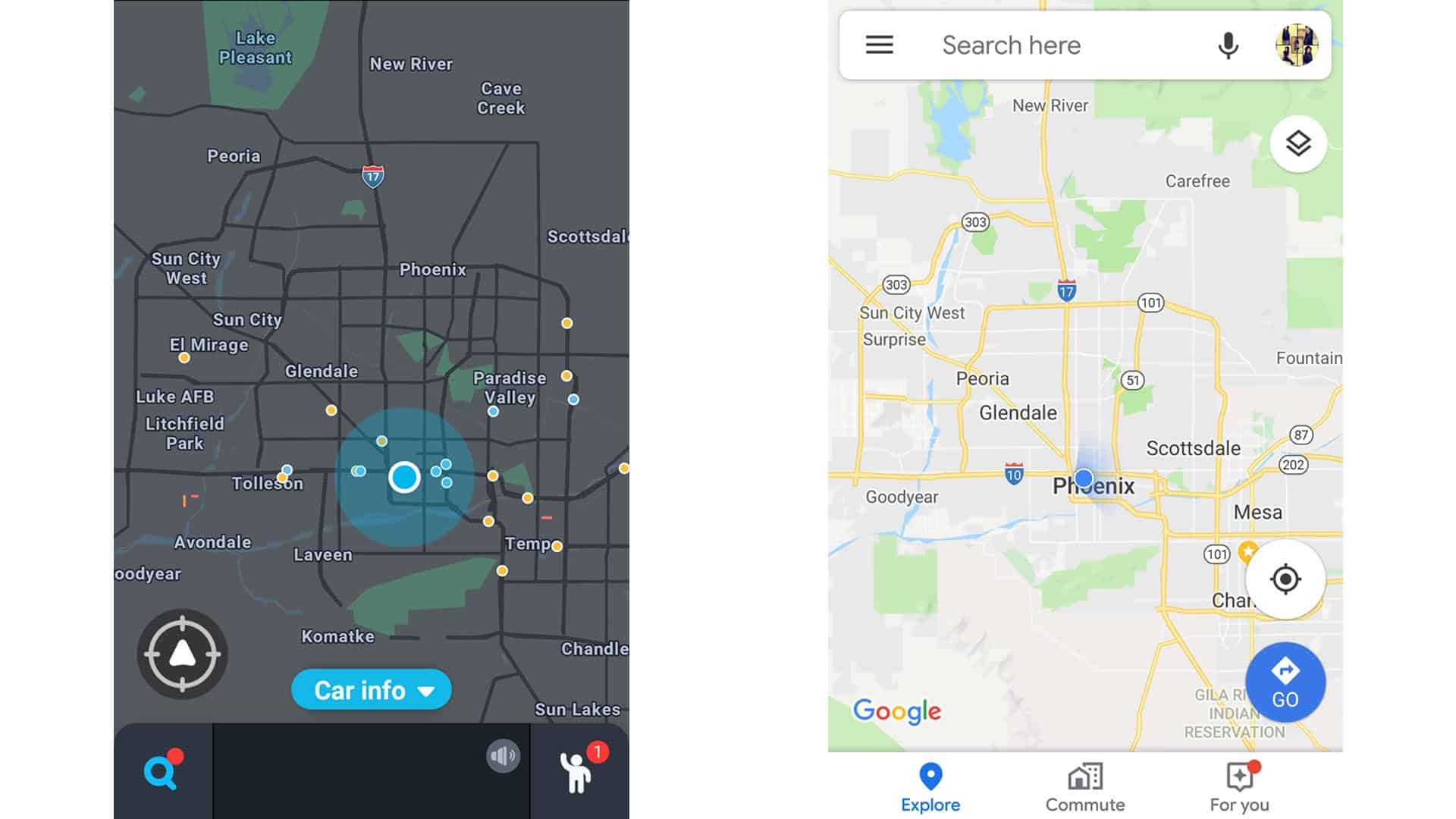 Waze screenshot and Google Maps screenshot to show Waze vs Google Maps showdown