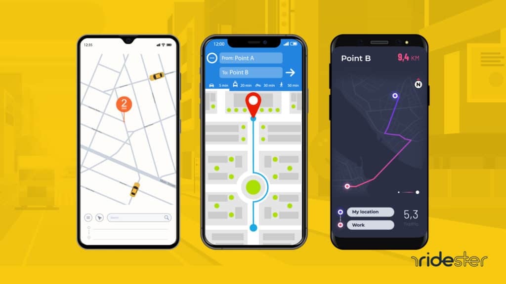vector graphic showing three smartphones running a generic navigation app for uber on each of the screens
