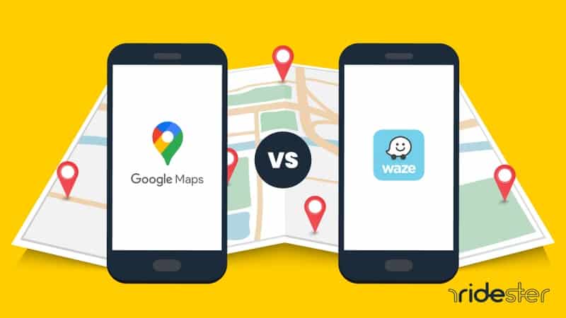vector graphic of two phones side by side to demonstrate battle between waze vs google maps