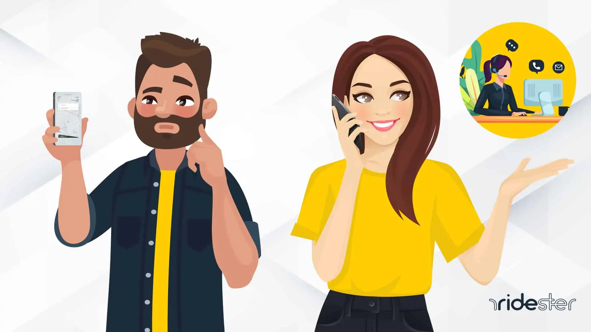 vector image of a man holding the uber app while a vector woman calls Uber customer service on her cell phone