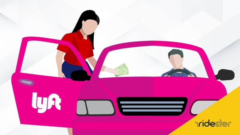 a vector graphic of a woman exiting a lyft vehicle and handing her driver money for lyft tipping best practices