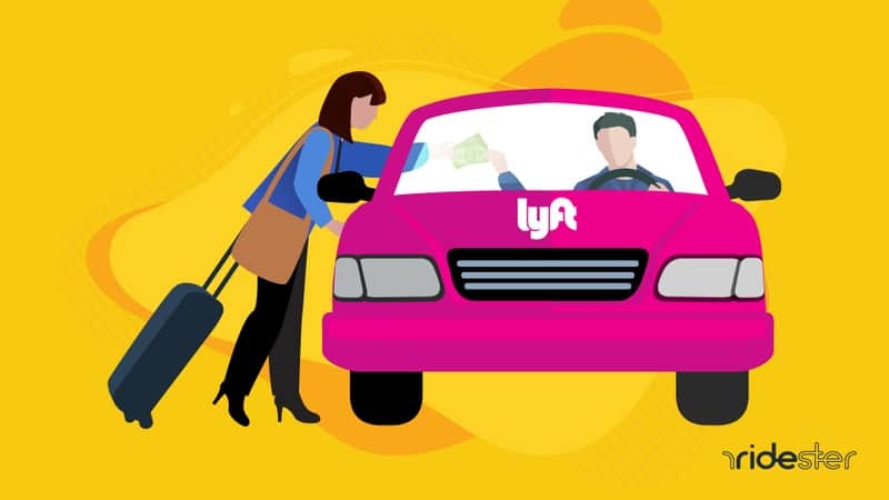 a vector graphic of a woman handing a lyft driver lyft tipping money through the window of the car after a ride