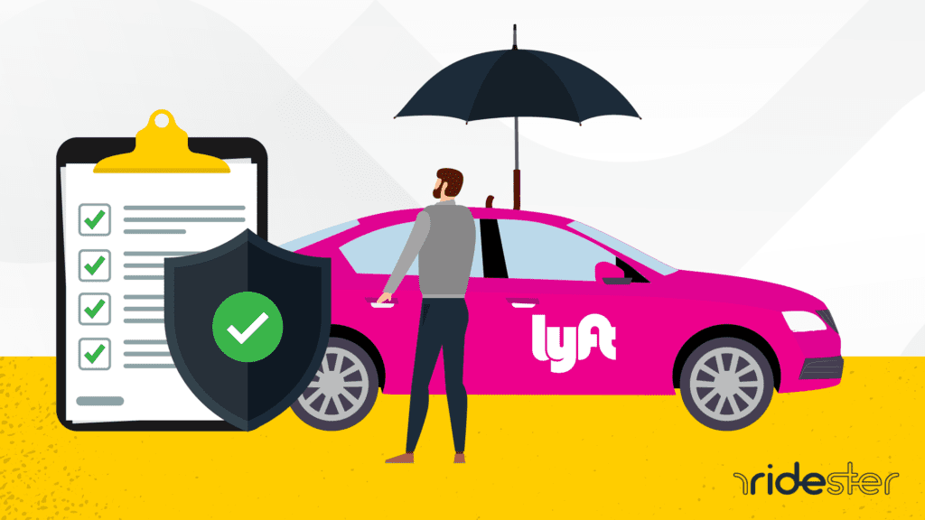 vector graphic showing a lyft driver outside of a lyft vehicle and holding an umbrella to signal Lyft insurance has him covered