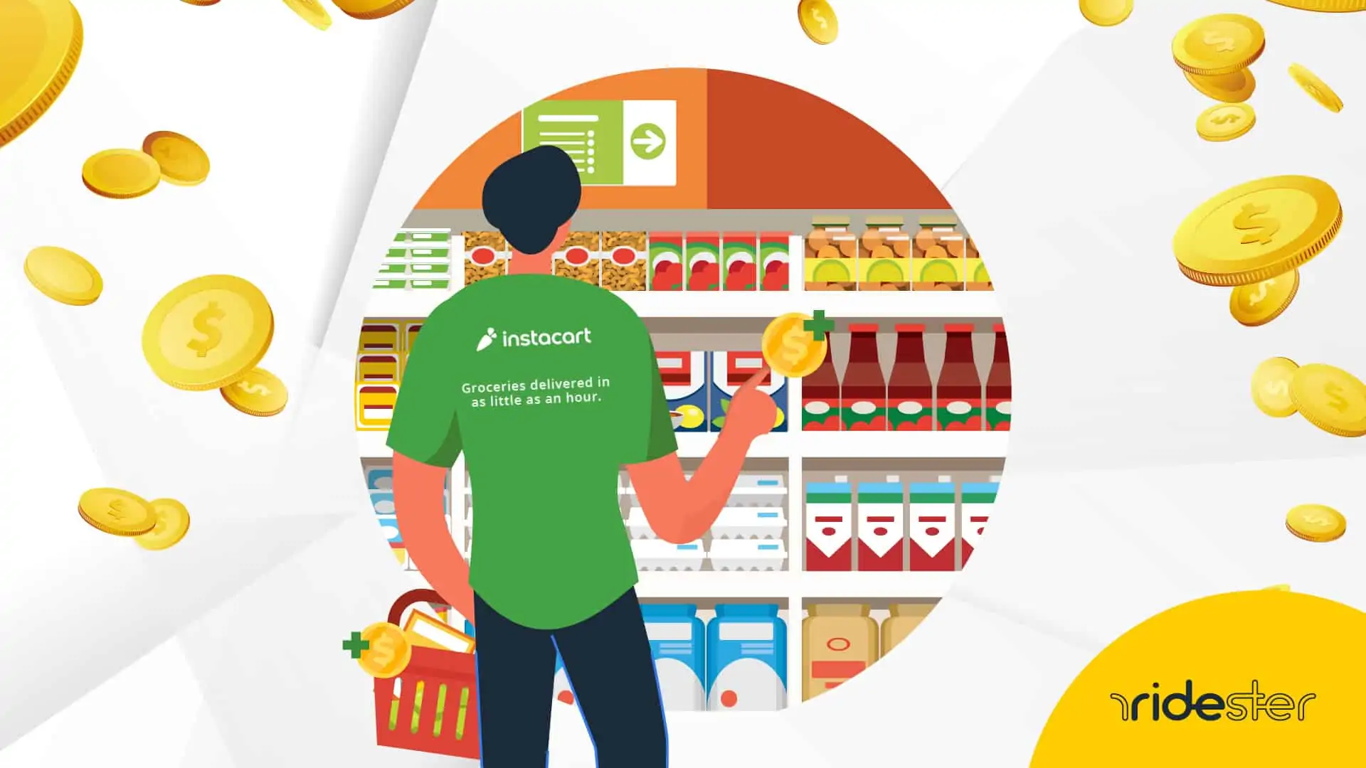 vector graphic of an instacart shopper shopping in store - header image for how much does instacart pay