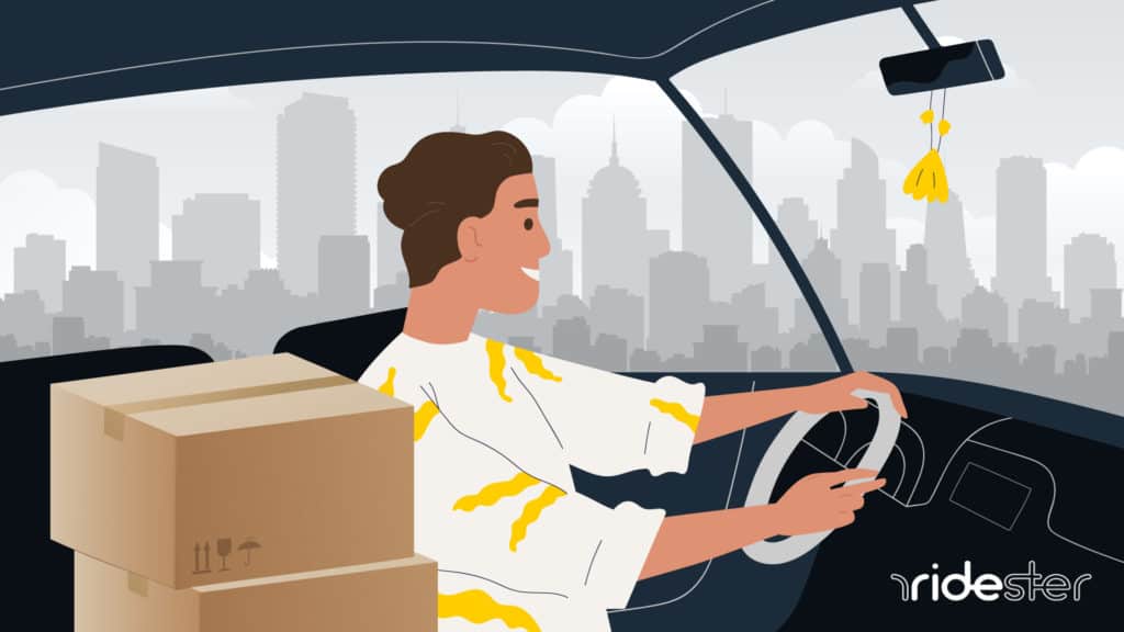 vector graphic of a man driving a car with packages in the side of his car - how much do Amazon drivers make post