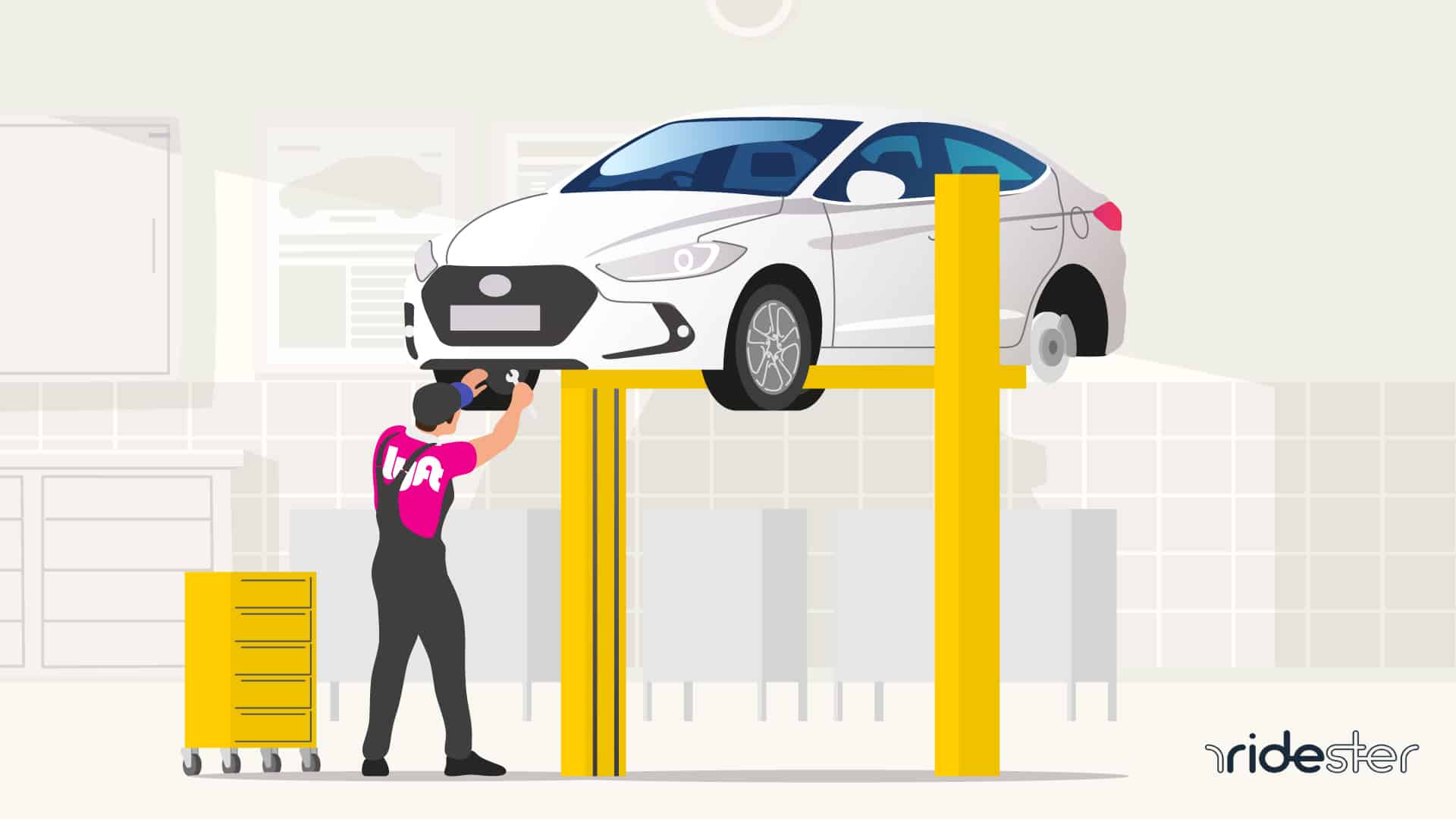 vector graphic showing a car getting a Lyft vehicle inspection up on a mechanical lift while a mechanic is inspecting the car