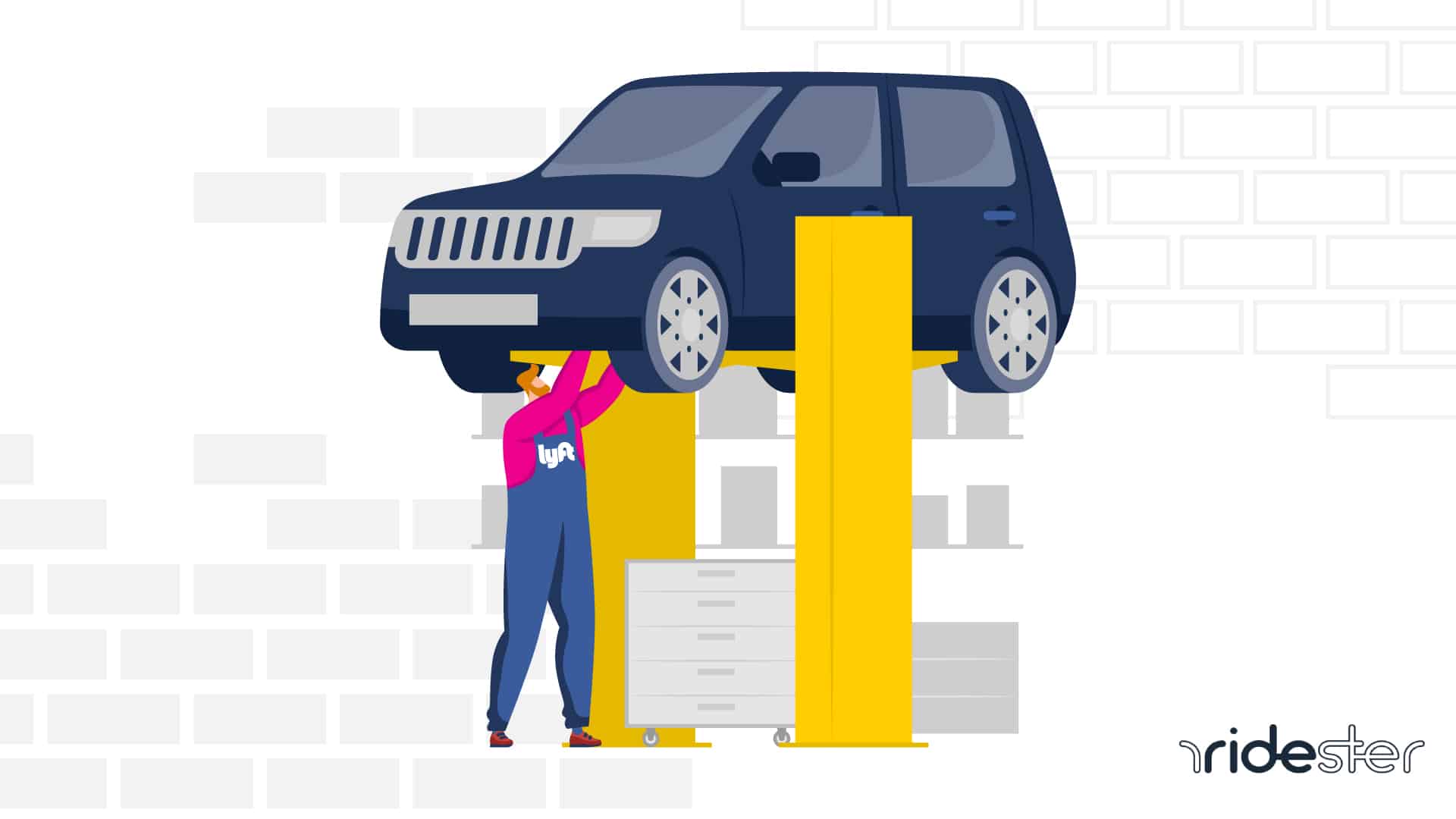 vector graphic showing a car getting a Lyft vehicle inspection up on a mechanical lift while a mechanic is inspecting the car