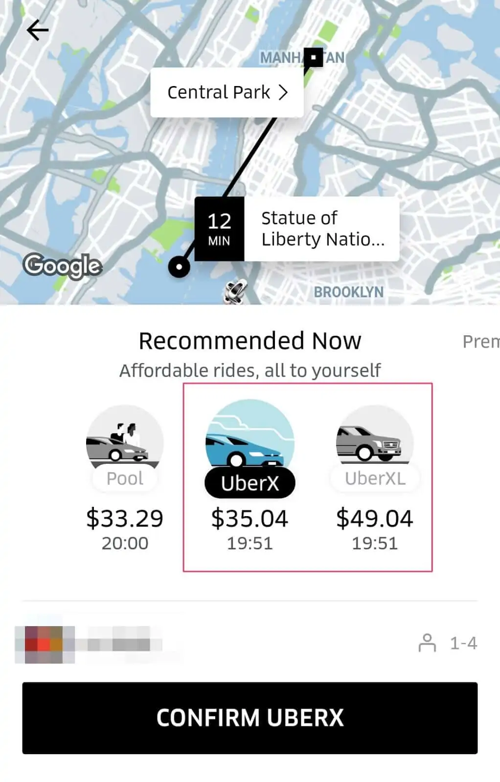 UberX vs UberXL price comparison