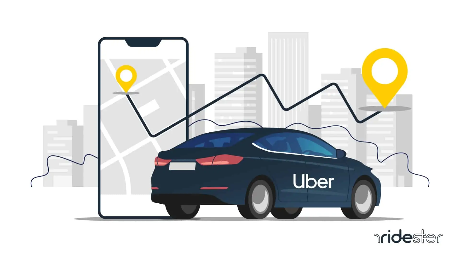 a vector image of an uber vehicle on a map graphic and map marker points to indicate long distance uber ride