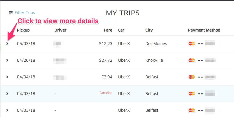 Uber receipt: My trips online