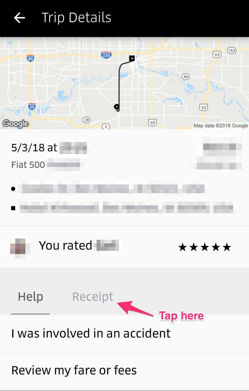 Uber receipt: Individual trip info