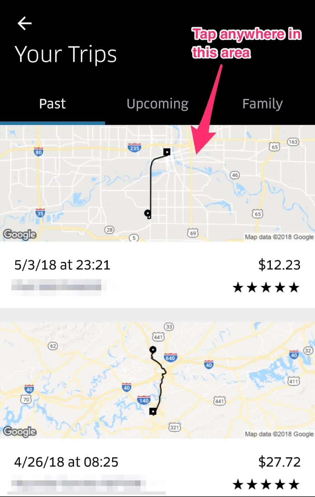 Uber receipt: Manage list of trips