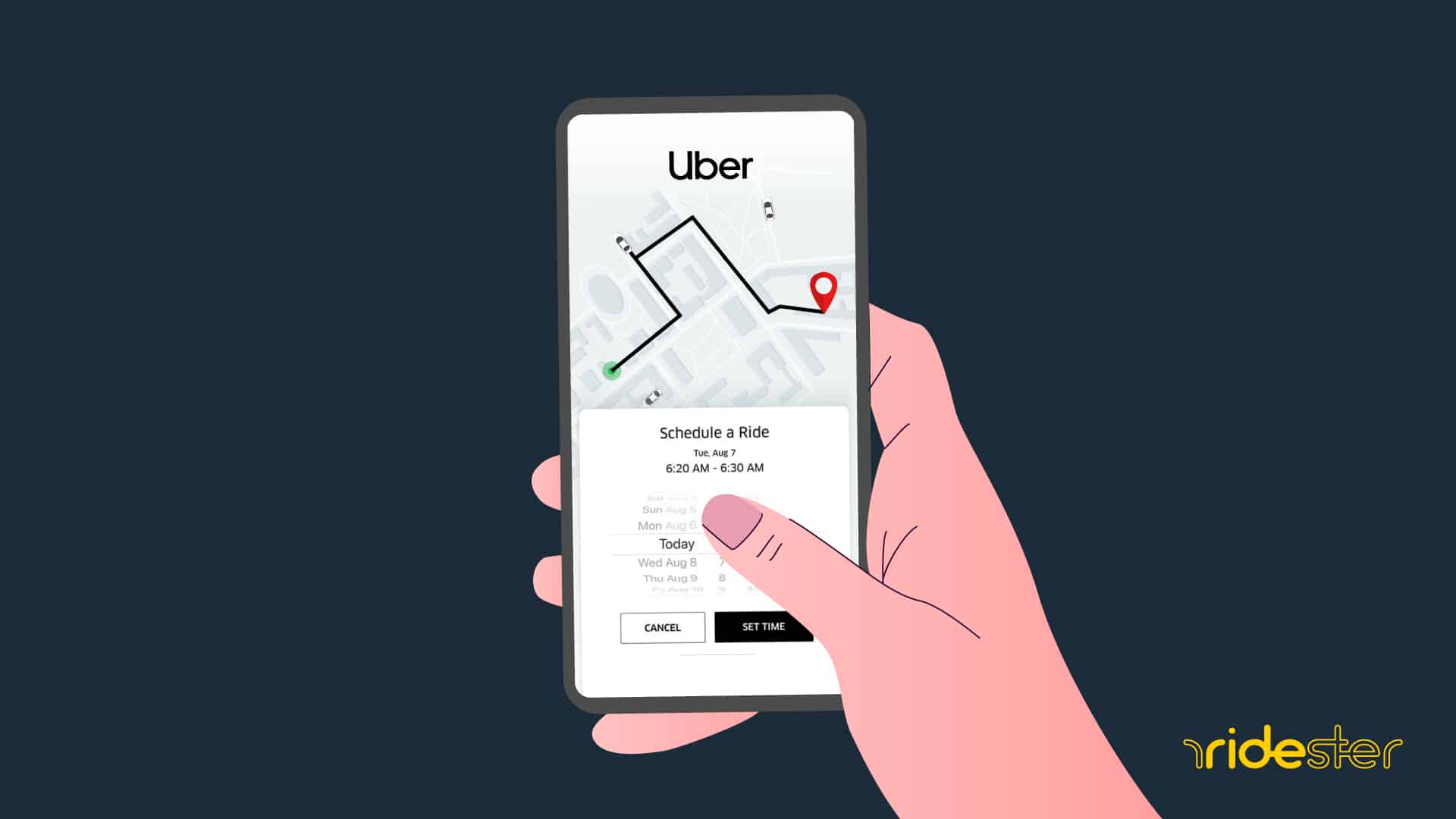 hand holding a mobile phone and in the process of getting a ride by using the schedule uber feature on the screen