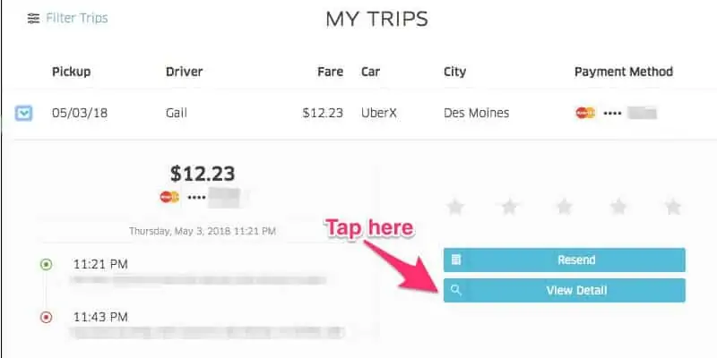 View further Uber receipt details