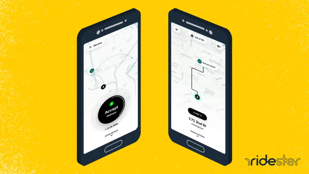 two mobile phones running the postmates fleet app against a yellow background with a ridester logo