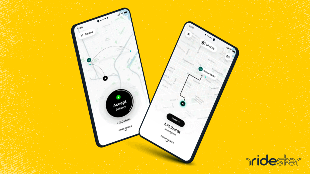 two mobile phones running the postmates fleet app against a yellow background with a ridester logo