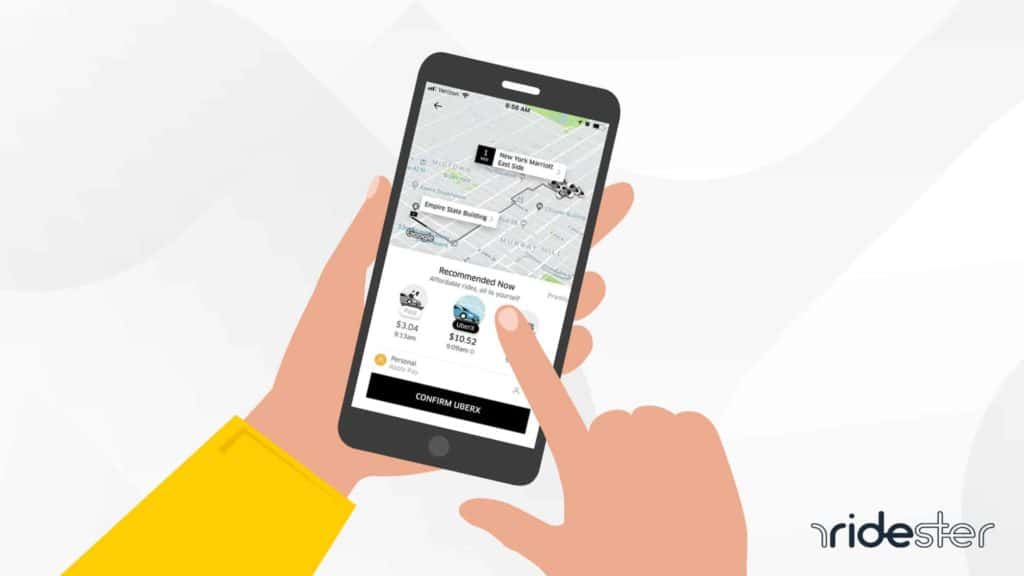vector graphic showing a hand holding a smartphone and an uber flat rate price quote on the screen before booking the ride