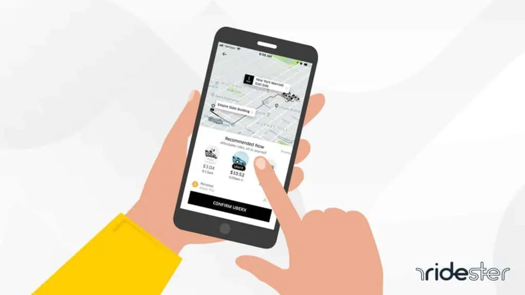 vector graphic showing a hand holding a smartphone and an uber flat rate price quote on the screen before booking the ride