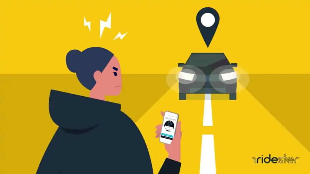 a vector image showing a woman holding a smartphone running the uber app and angry because uber surge pricing is active