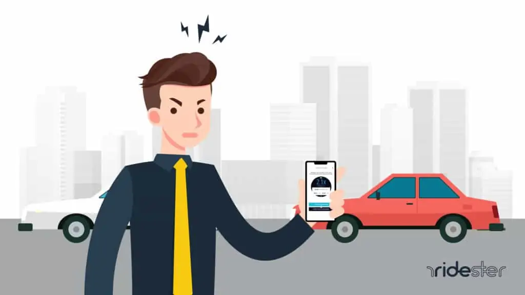 a vector image showing a man holding a smartphone running the uber app and angry because uber surge pricing is active