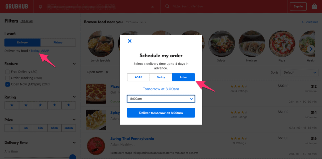 Example of scheduling an order on GrubHub