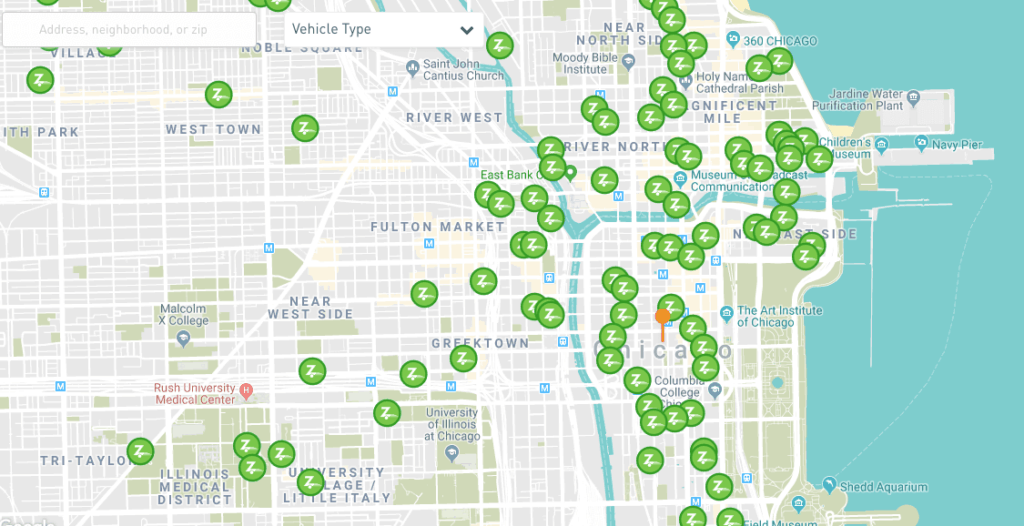 A screenshot of the ZipCar map in Chicago