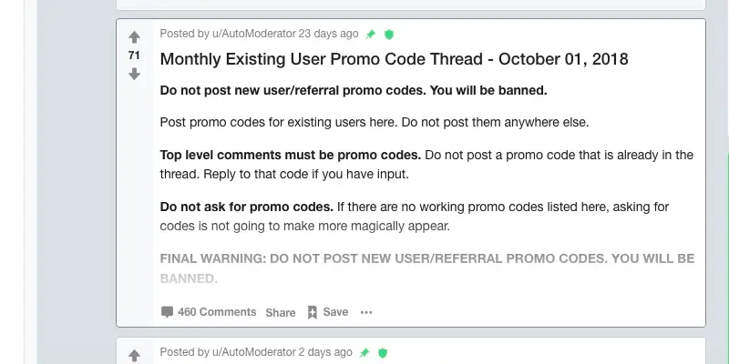 Postmates Promo Code for Existing Users: Reddit thread