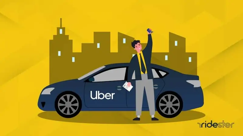 vector image of a man holding an uber lease in the air with the uber vehicle he leased behind him