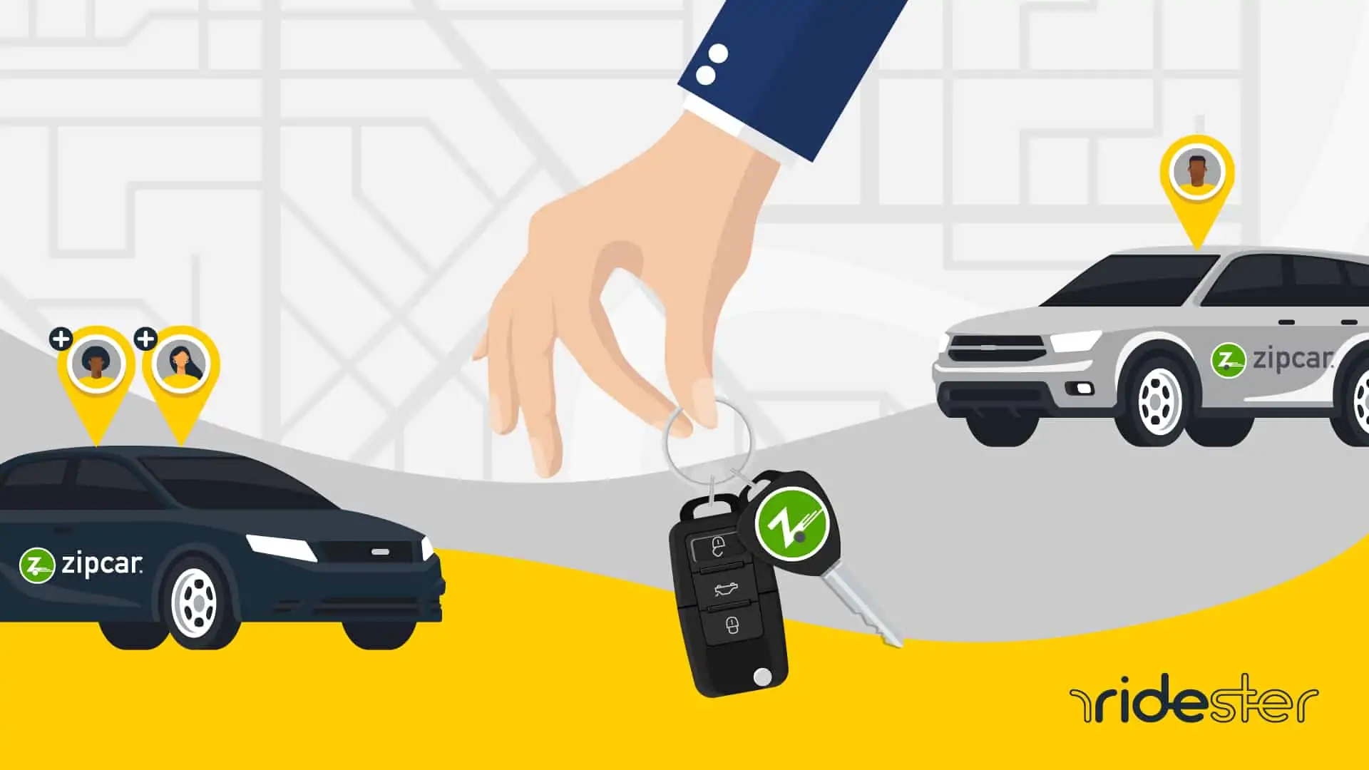 a vector graphic of a hand holding keys against a map in the background with two cars with Zipcar logos on them for Zipcar rental rates post