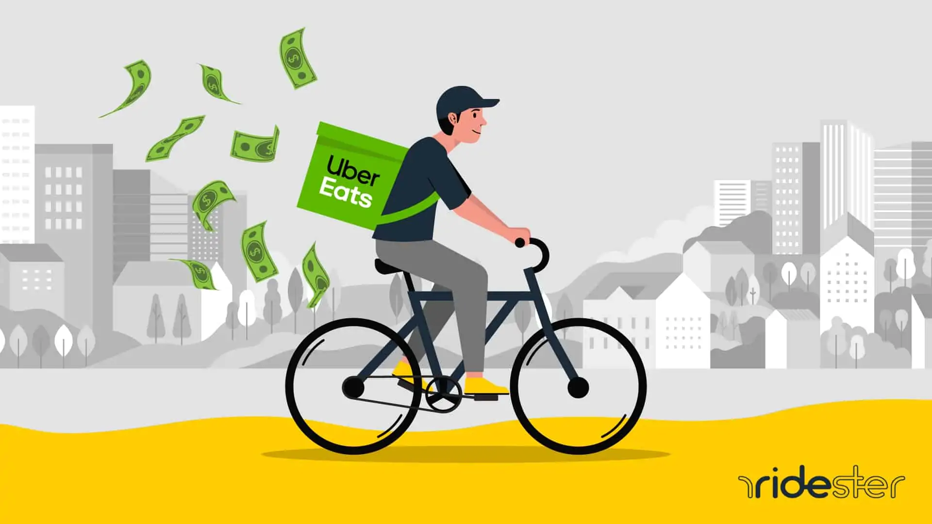 vector graphic of an uber eats driver riding a bike and money icons flying out behind him to show how much do uber eats drivers make