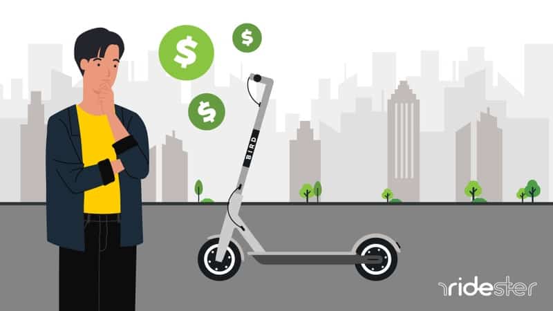 vector icon of a man standing next to an electric scooter wondering how much he can save using a bird promo code