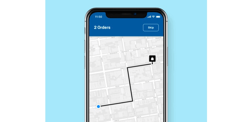 Postmates delivery driver app displaying how many orders and navigation to the dropoff location