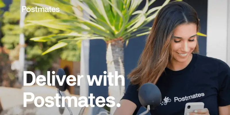 pretty latina woman in black Postmates t shir holding smartphone. Advertisment about how to drive for postmates
