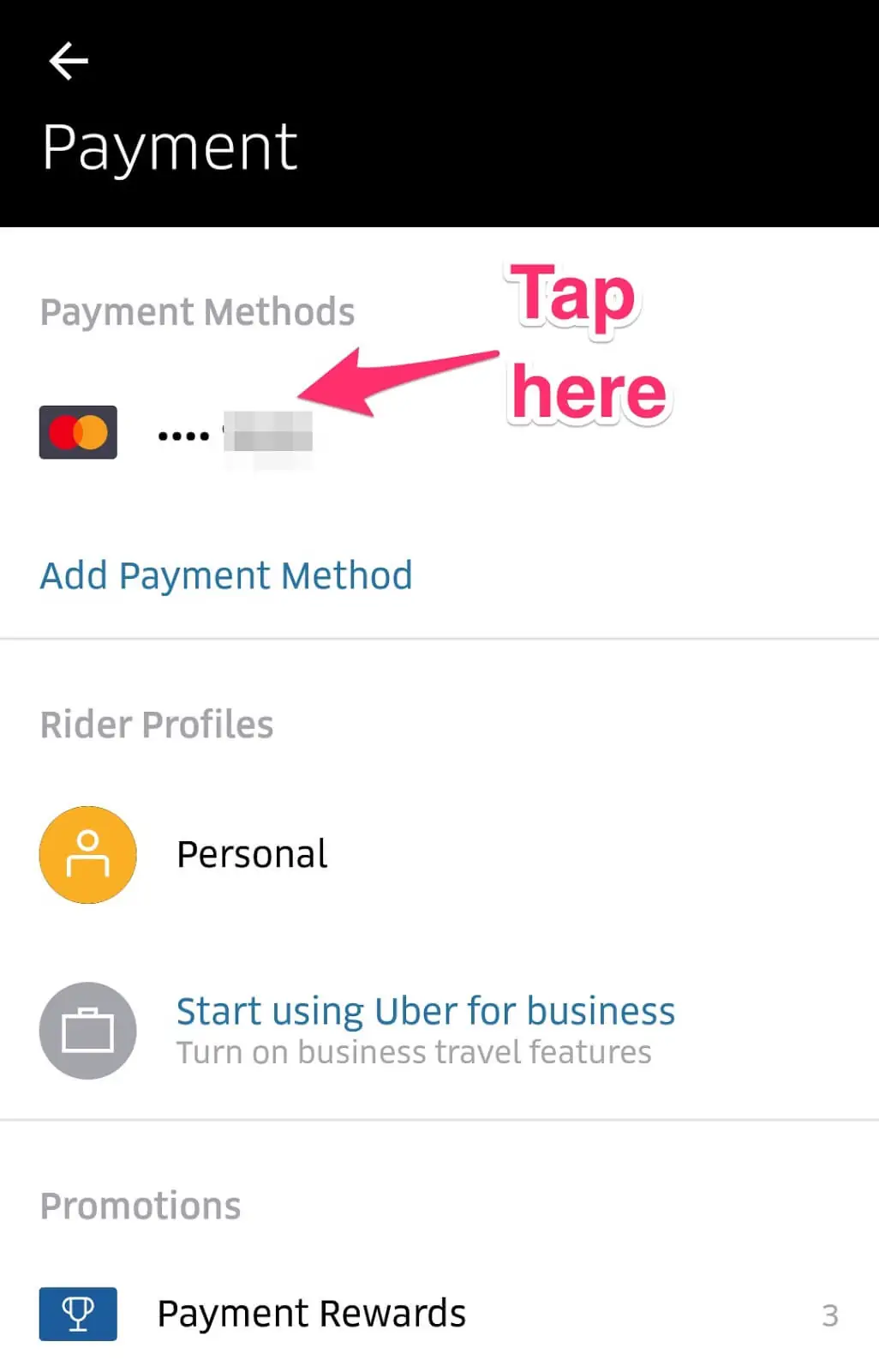 How to Remove Your Credit Card from Uber: tap payment method to edit it
