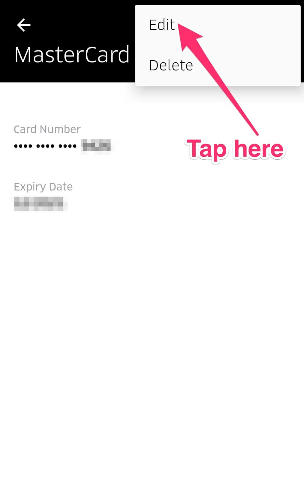 How to Remove Your Credit Card from Uber: tap edit