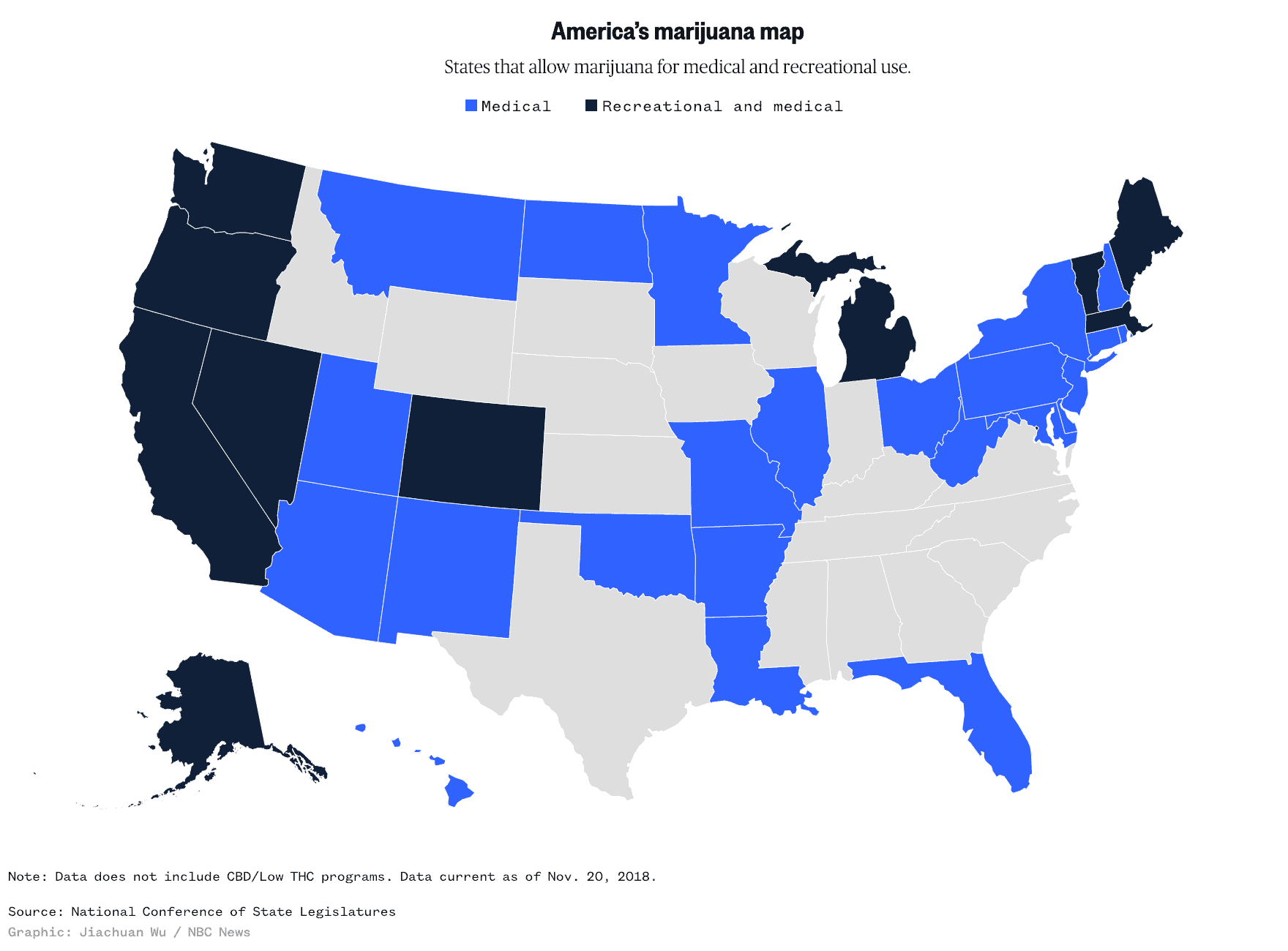 A map of the United States showing where marijuana is legal