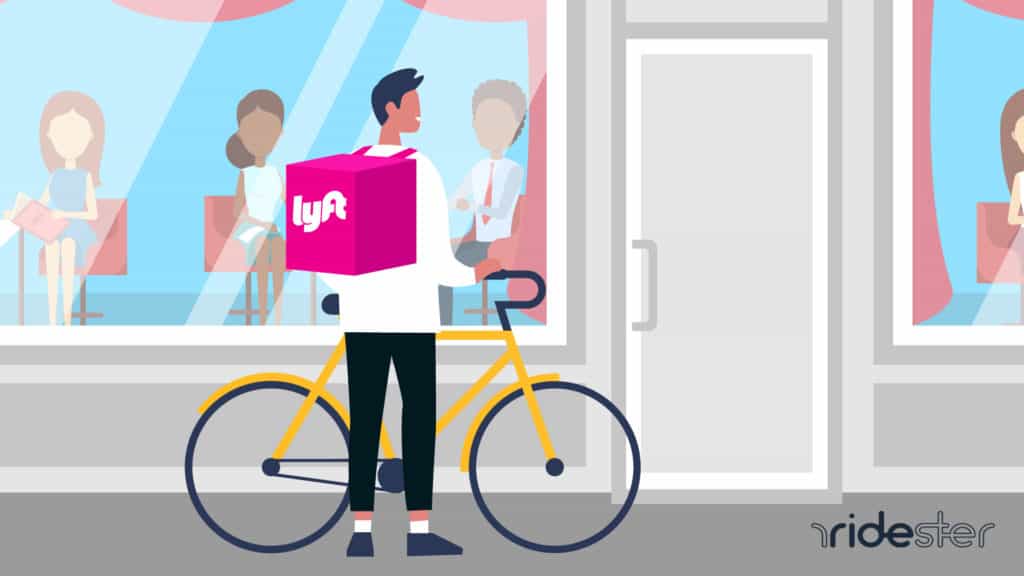 vector graphic showing a Lyft delivery bike courier standing outside of a bakery about to pick up food