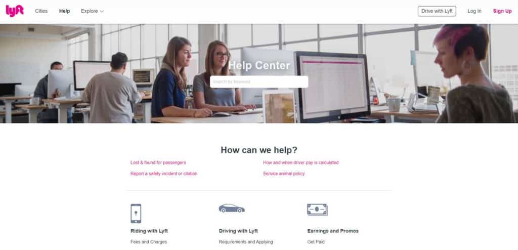 Screenshot of the Lyft customer support hub on the lyft.com website
