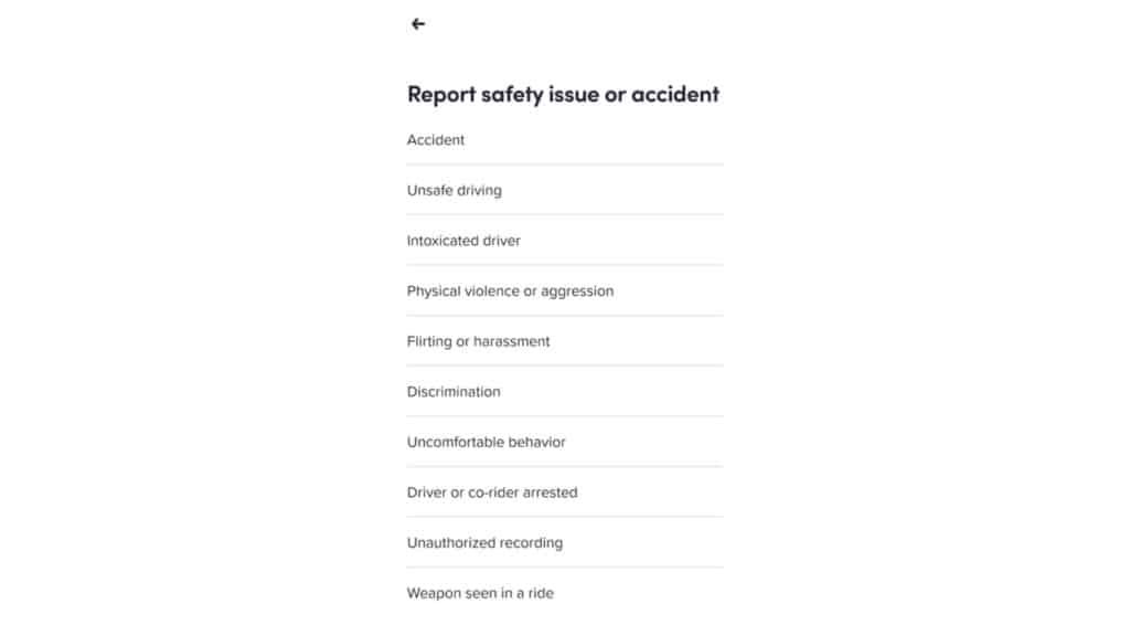 the Lyft app screen where you can report a safety issue or accident when lyft customer service is needed during an accident