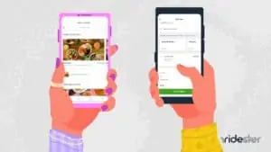vector graphic showing two hands holding cell phones and displaying an image on both screens that show how does uber eats work