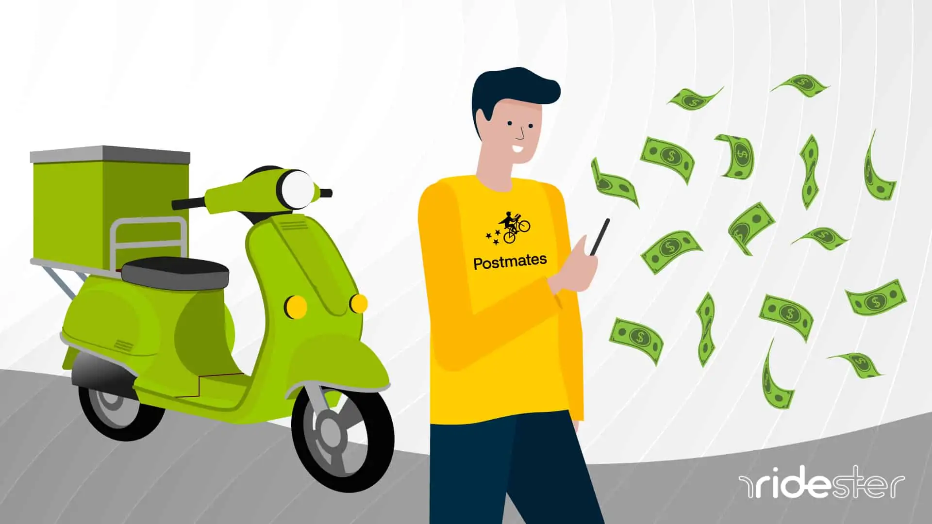 vector image of a man holding a smartphone wearing a postmates shirt to show how much does postmates pay point