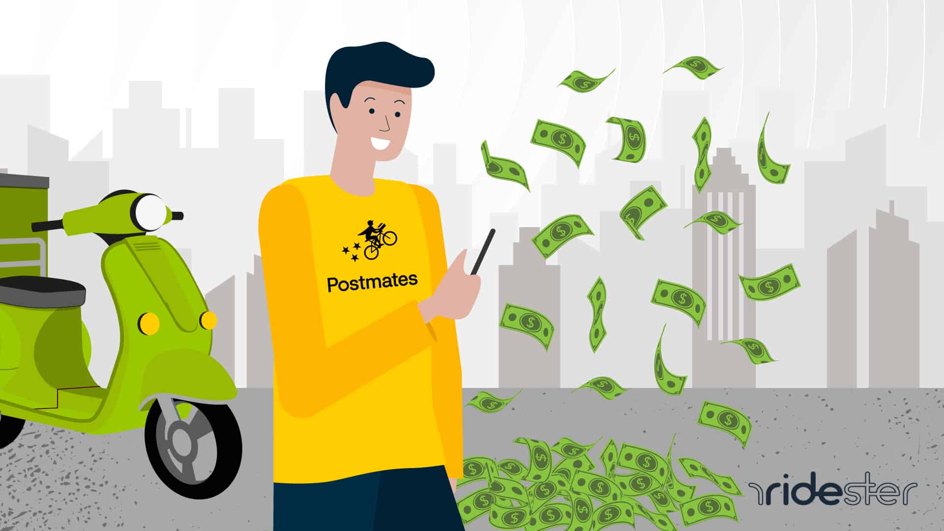 vector image of a man holding a smartphone wearing a postmates shirt to show how much does postmates pay point