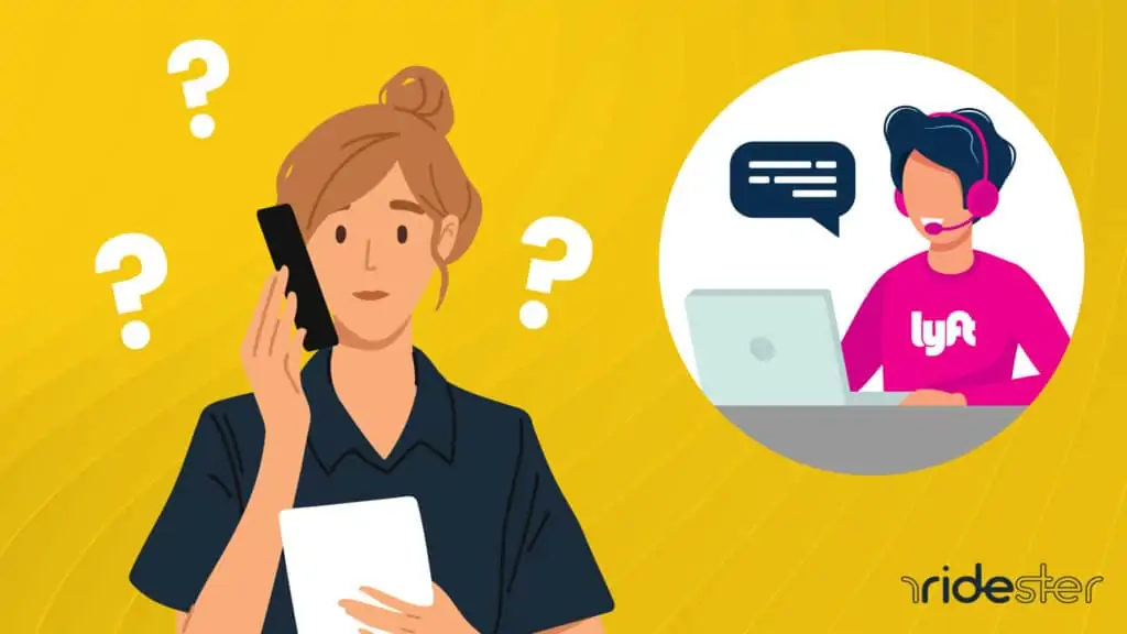 vector graphic showing a confused looking woman on the phone with Lyft customer service