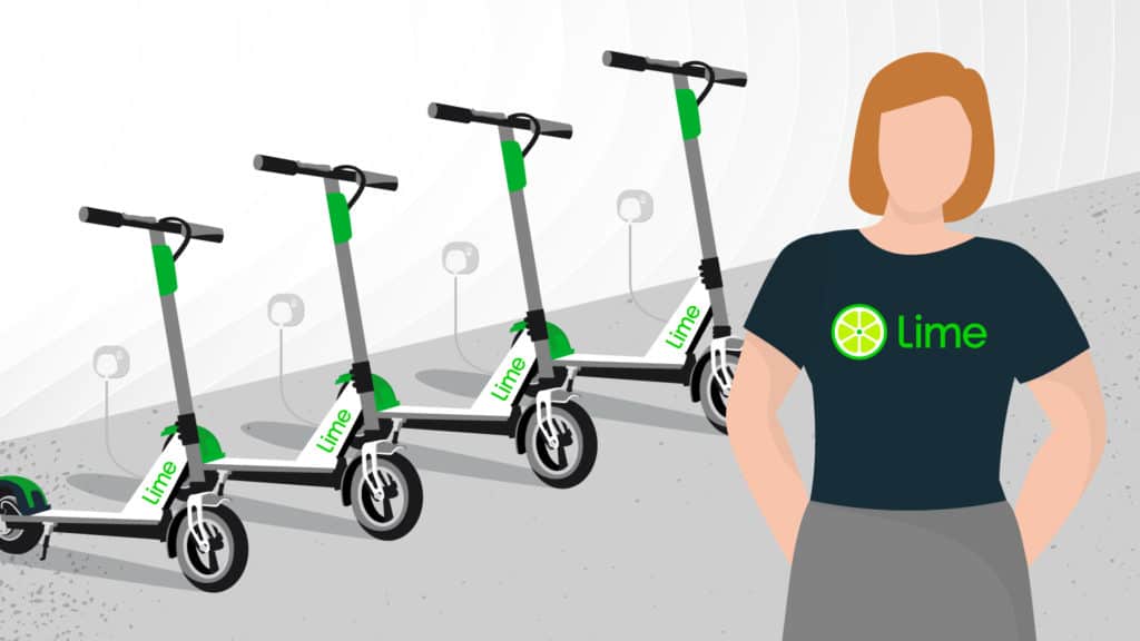 vector graphic showing a Lime Juicer standing in front of Lime scooters that are charging on a wall