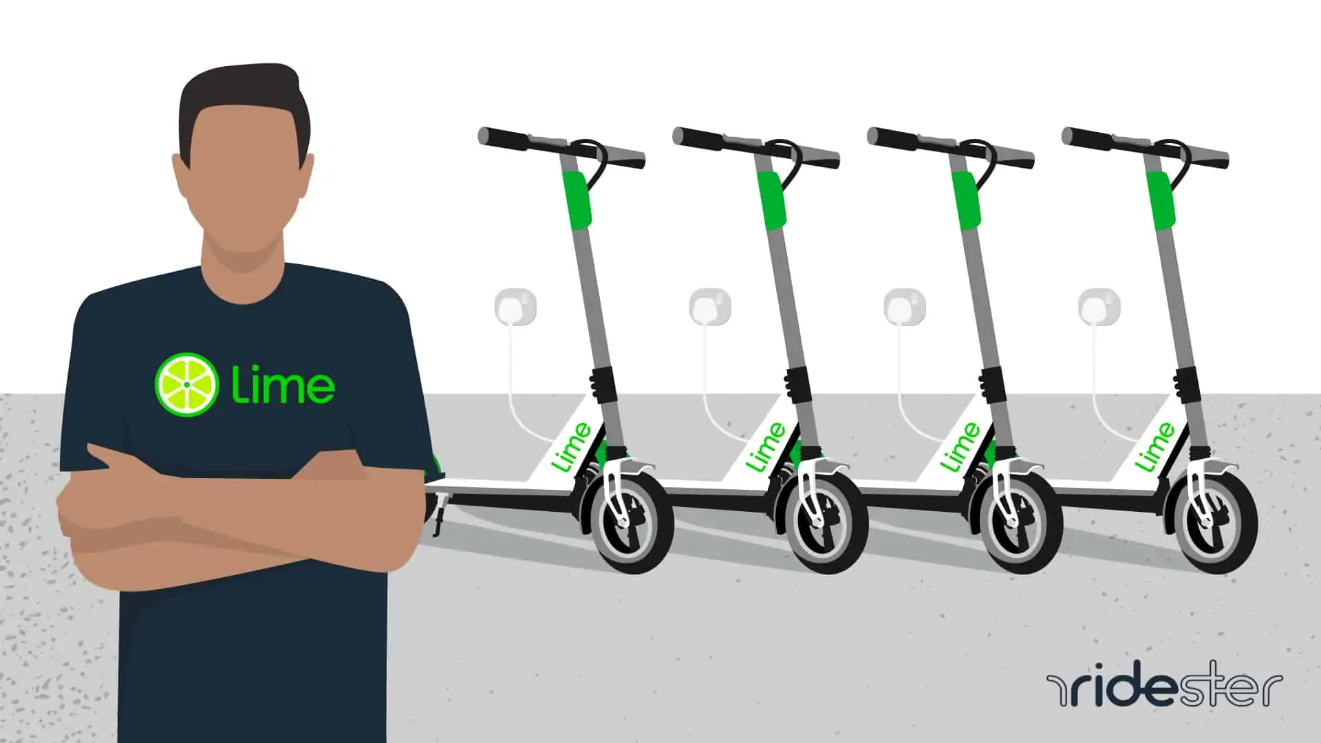 vector graphic showing a Lime Juicer standing in front of Lime scooters that are charging on a wall