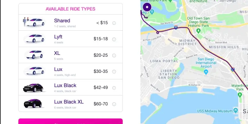 Ride types on Lyft Price Estimate