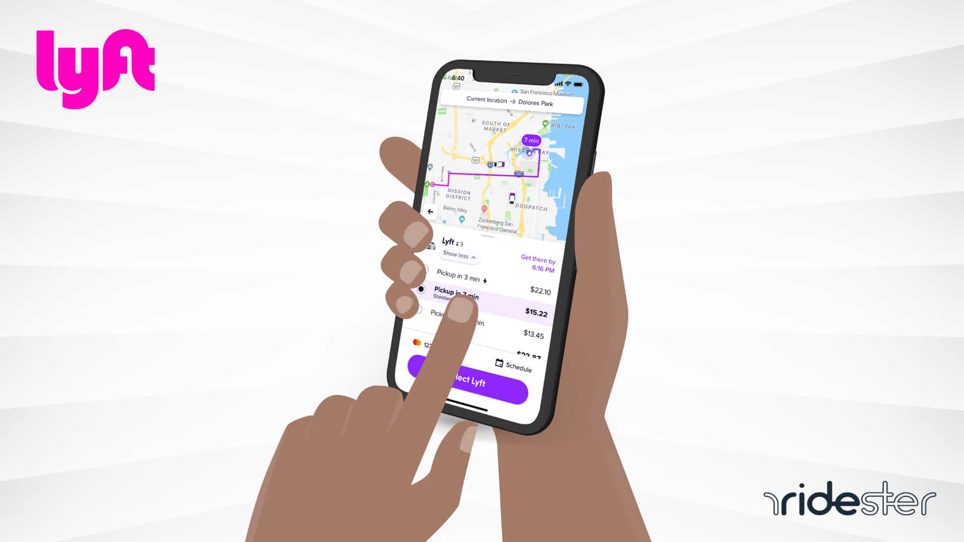 vector graphic of a hand holding a smartphone running the lyft app and getting a lyft estimate for a ride